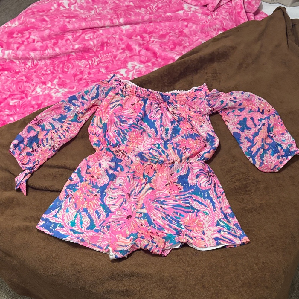 Lilly Pulitzer Foil Feathered Off-Shoulder Romper